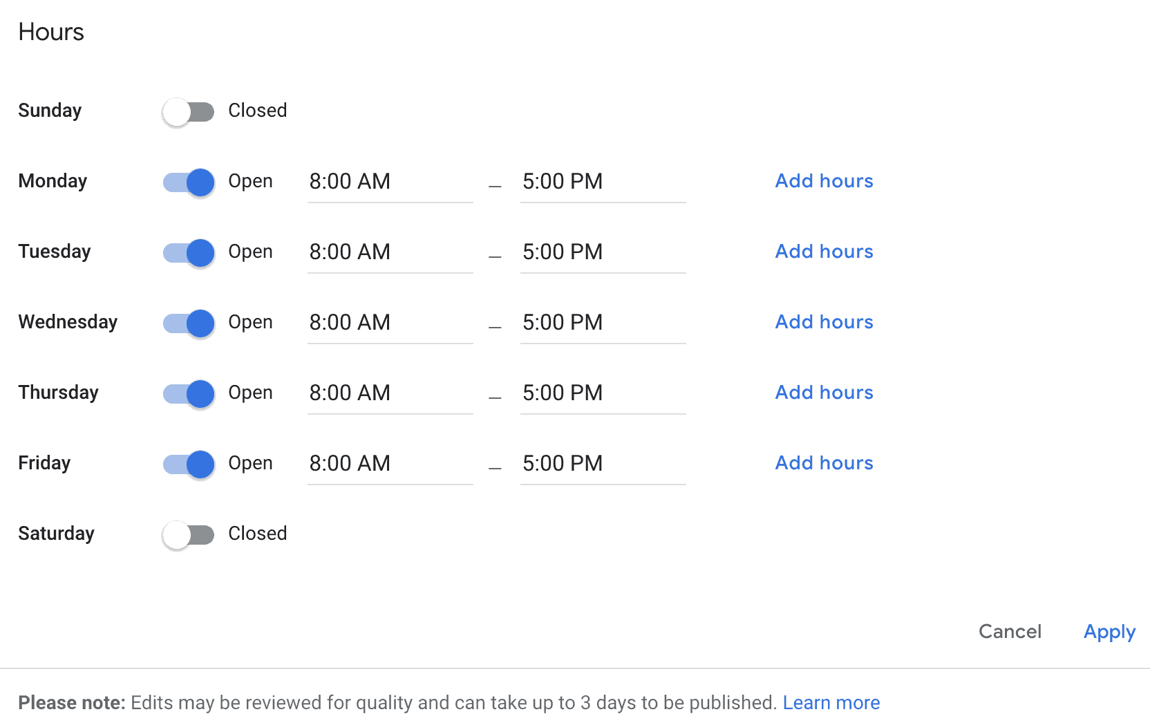 グーグルマイビジネスの営業時間オプションのスクリーンショット