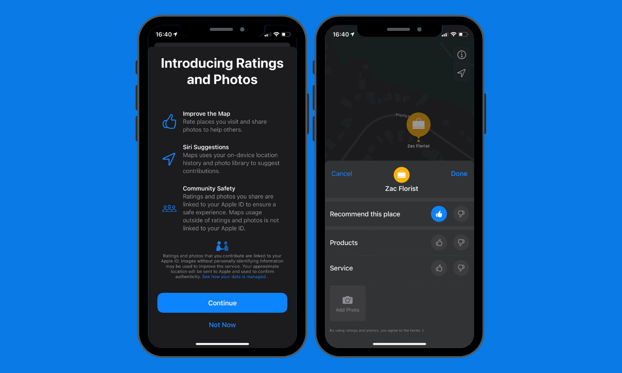 Captura de pantalla de Apple Maps actualizado con una nueva función de calificaciones