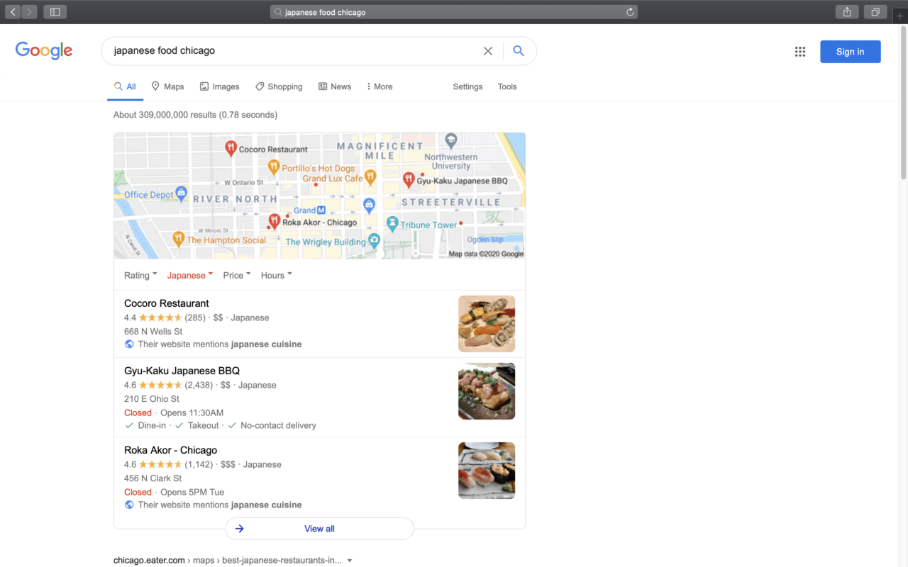 Une capture d'écran de ce à quoi ressemblent les résultats de recherche de Google Maps Pack