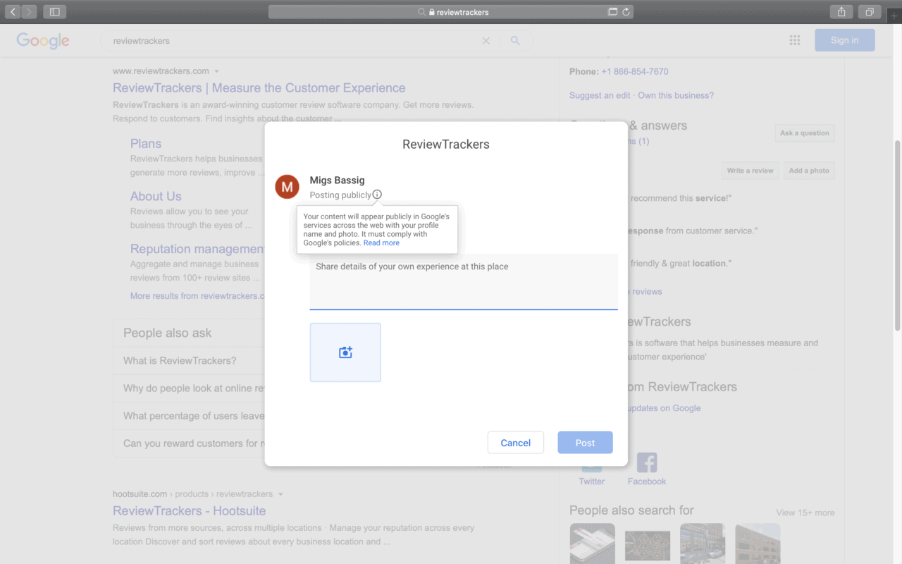 Screenshot di come creare un link per la recensione di Google utilizzando la Ricerca Google
