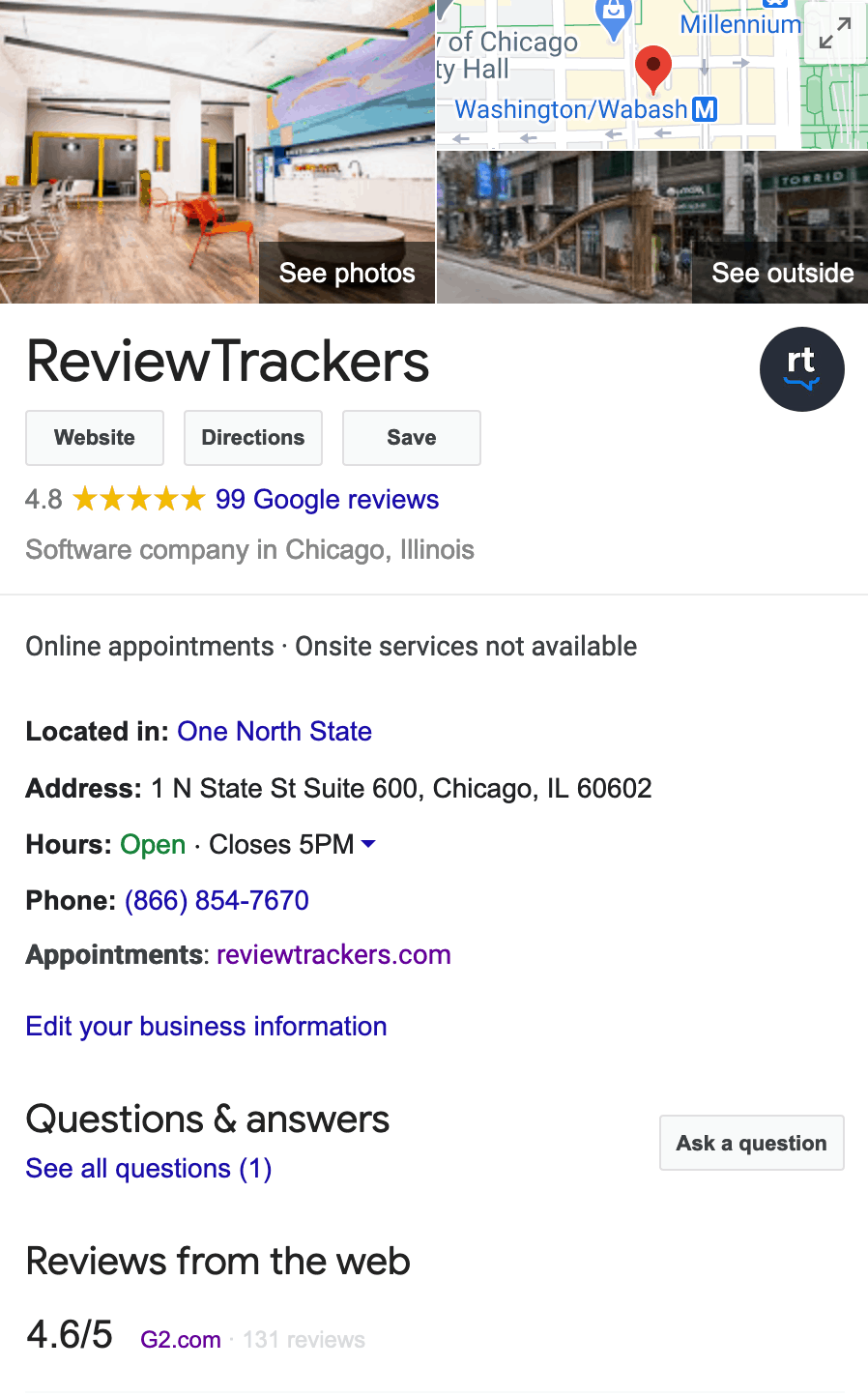 uma captura de tela do perfil comercial reviewtrackers no google