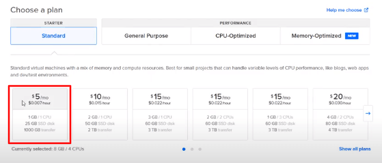 Scegli una macchina da 5 dollari in digitalocean