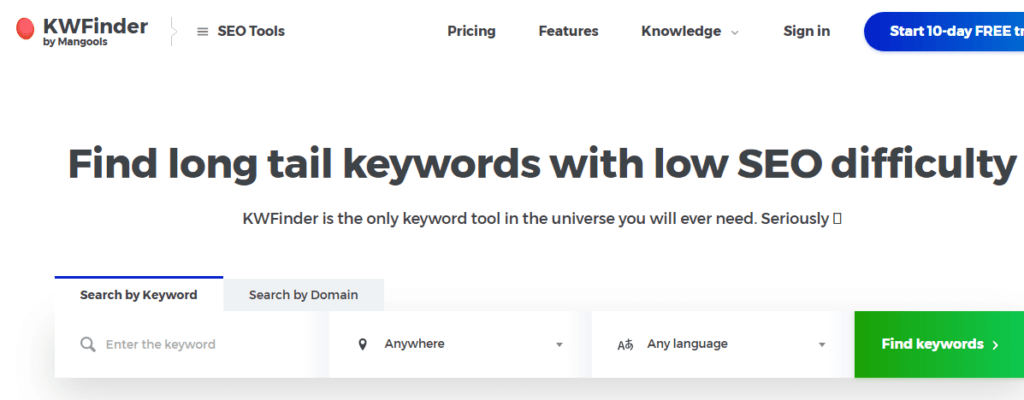 Instrumentul de cercetare a cuvintelor cheie KWFinder Longtail