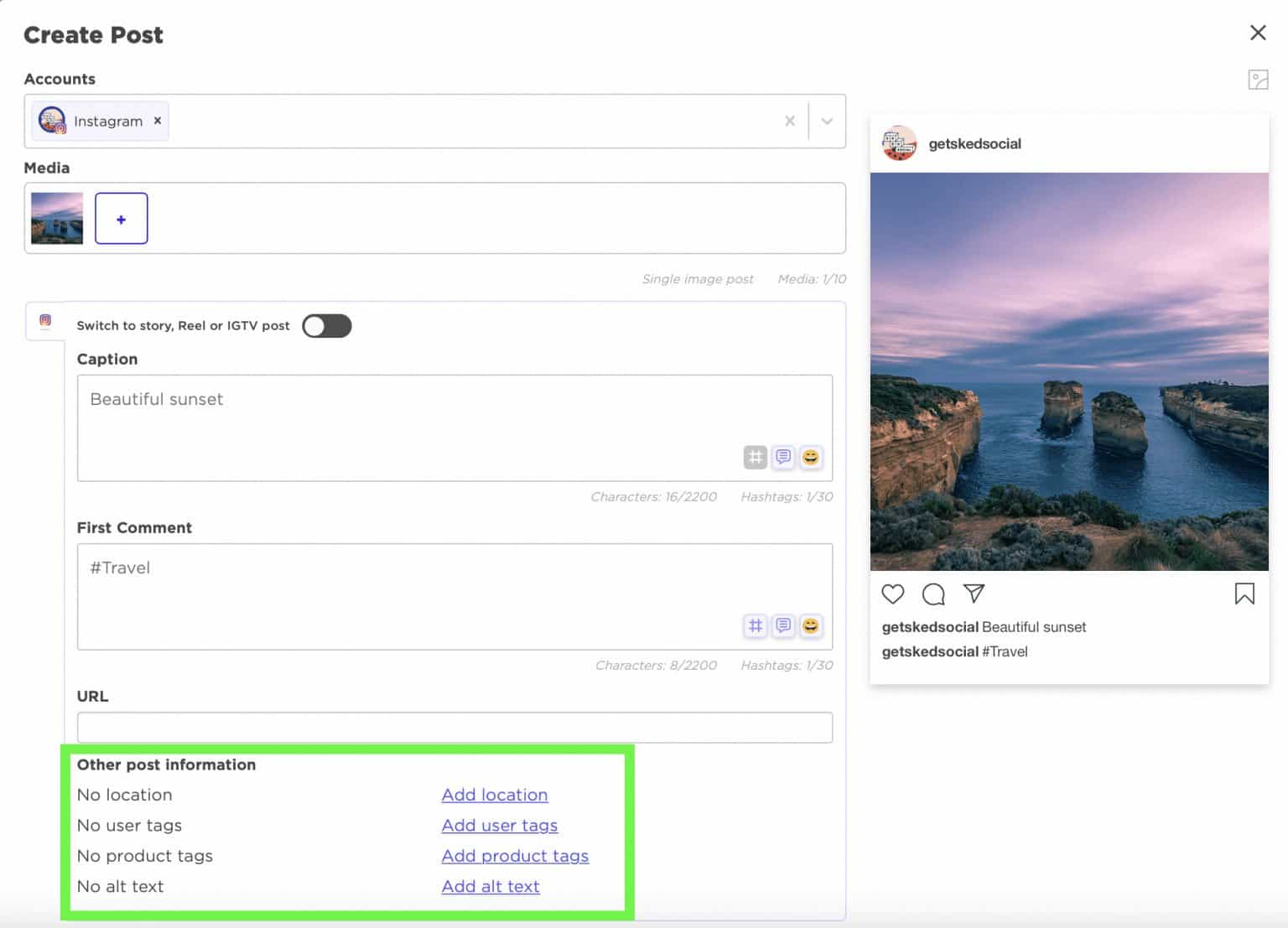 Sked Social'daki Instagram gönderisine ürün etiketleri ekleme