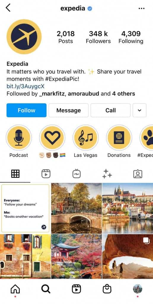 Profil Instagram d'Expedia