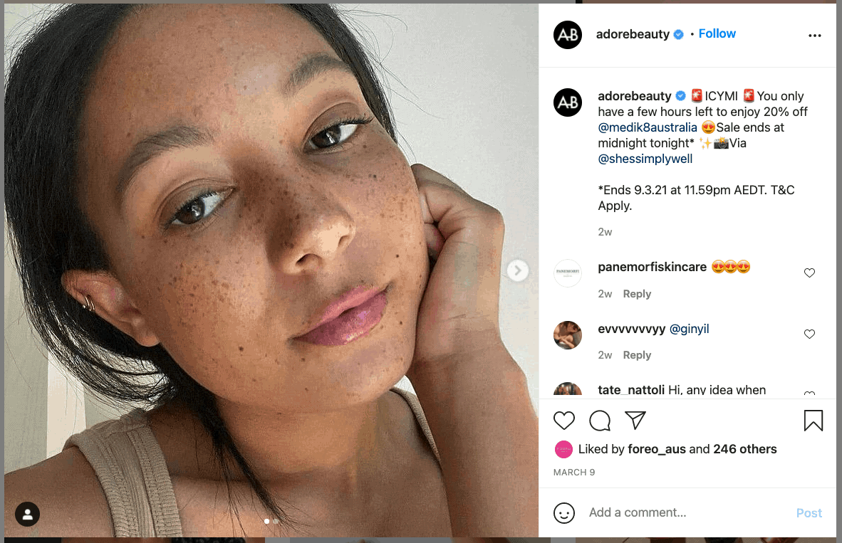 Adore Beauty vuelve a publicar la publicación de una chica con sus productos