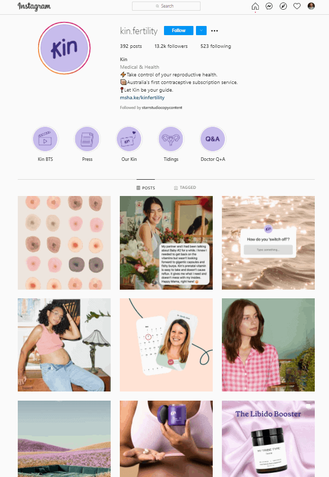 Kinfertility 的 Instagram 提要使用一致的调色板和风格