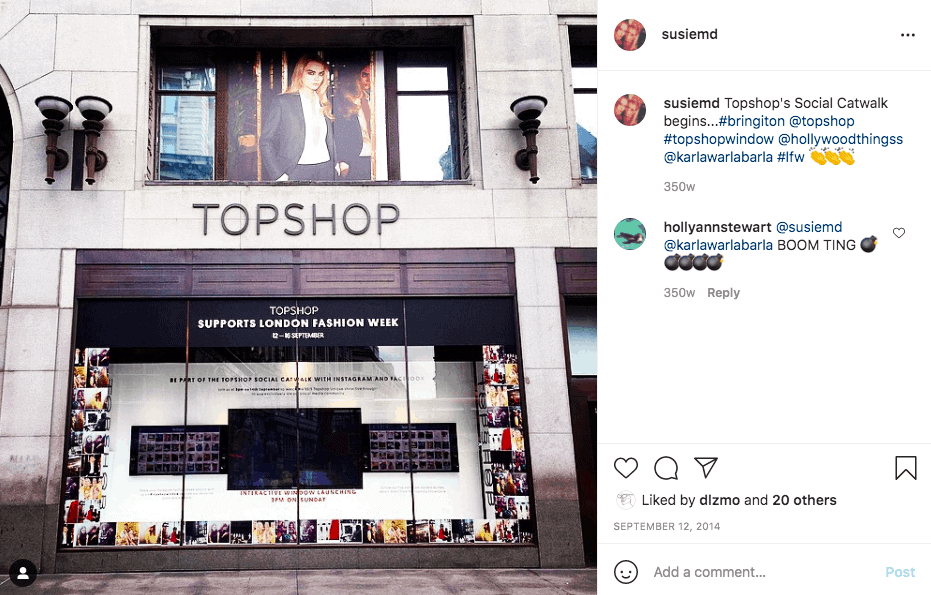 運行虛擬跑道的 TopShop 商店的 Instagram 帖子