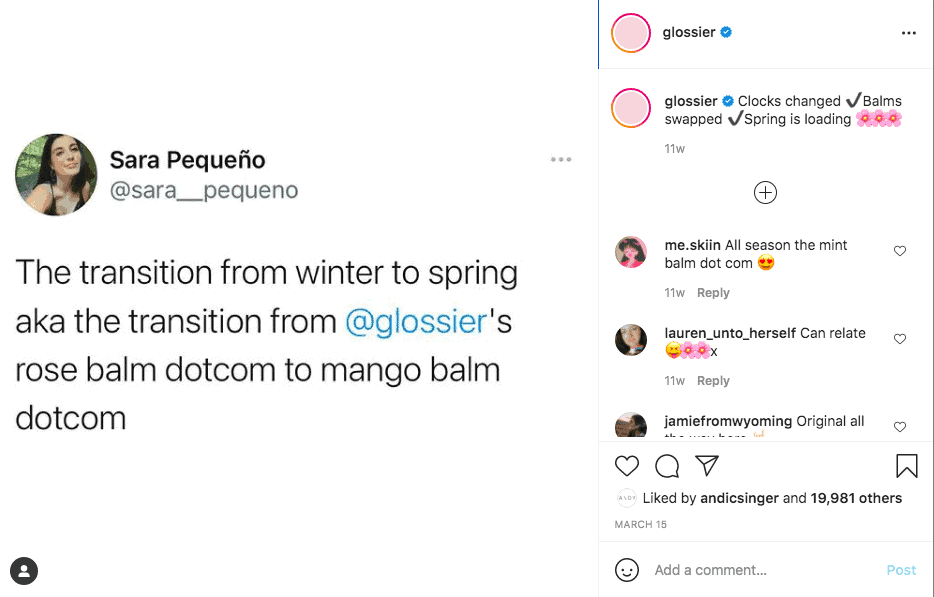 在 Instagram 上轉發的 Twitter 帖子談論用戶如何隨著季節的變化而改變 Glossier 產品