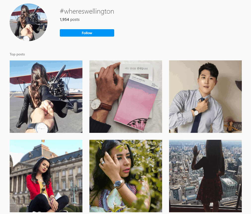 Pagina de hashtag pentru #wheresweelington care prezintă mai mulți purtători de ceasuri Wellington în locații exotice