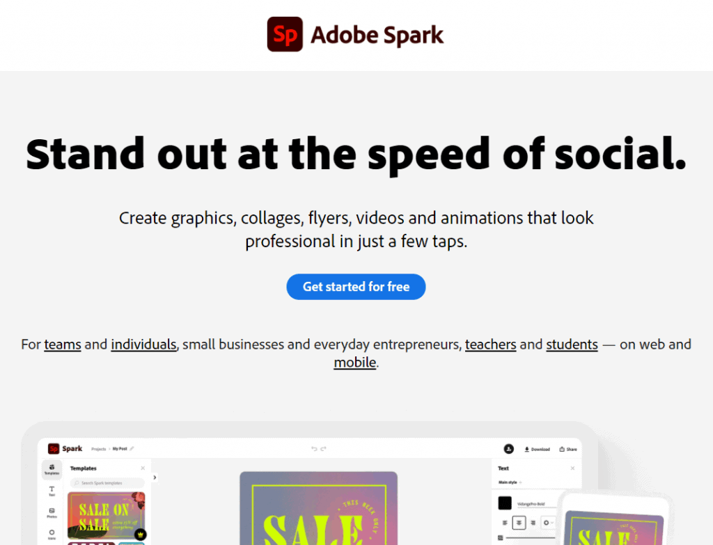 Herramienta de creación de diseño gráfico Adobe Spark