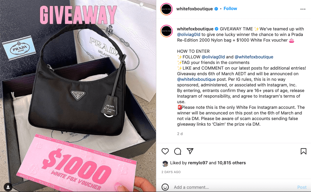 Publicación del sorteo de @ White Fox Boutique Instagram