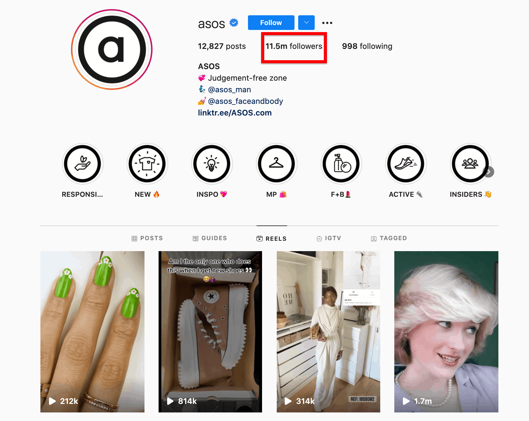 Profilul ASOS evidențiind cei 11,5 milioane de urmăritori