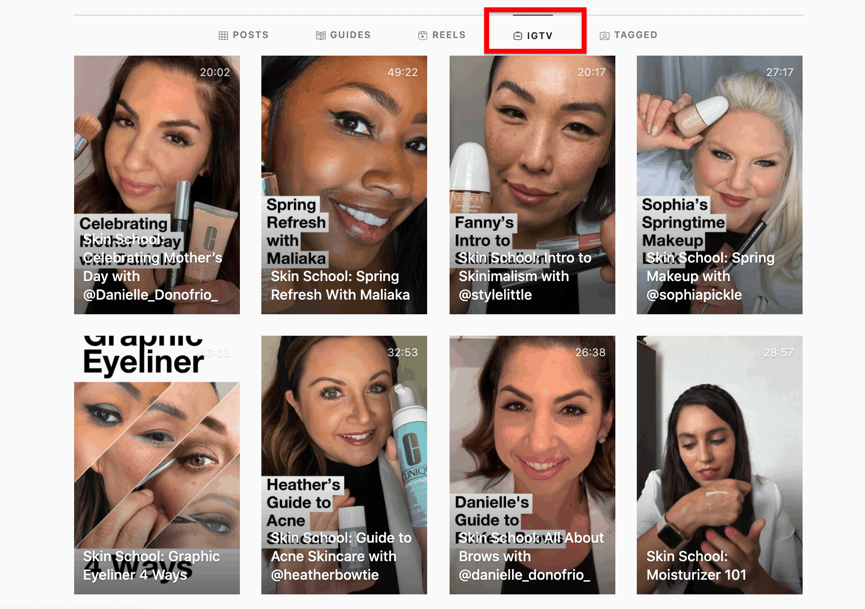 Femei care dețin produse Clinique în miniaturile seriei IGTV