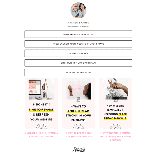 Instagram-Link auf der Bio-Seite, der auf wichtige Teile des Unternehmens verweist und direkt zu Produktkäufen führt