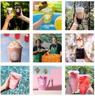 Starbucks ästhetisches Raster, das sich auf Produktbilder und leuchtende Farben konzentriert