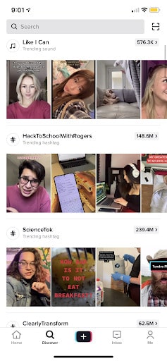 Page de découverte de TikTok présentant les dernières vidéos tendances