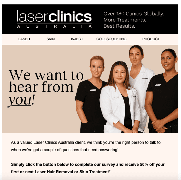 Опрос по электронной почте от Laser Clinics Australia, в ходе которого клиентам предоставляется скидка 50 % на следующее лечение.