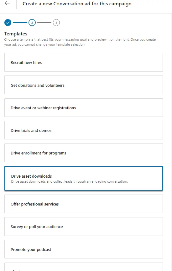 Sélection du modèle d'annonce LinkedIn