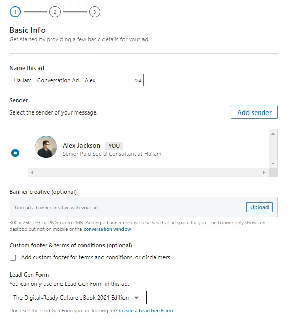 Ajout des informations de base de l'annonce LinkedIn