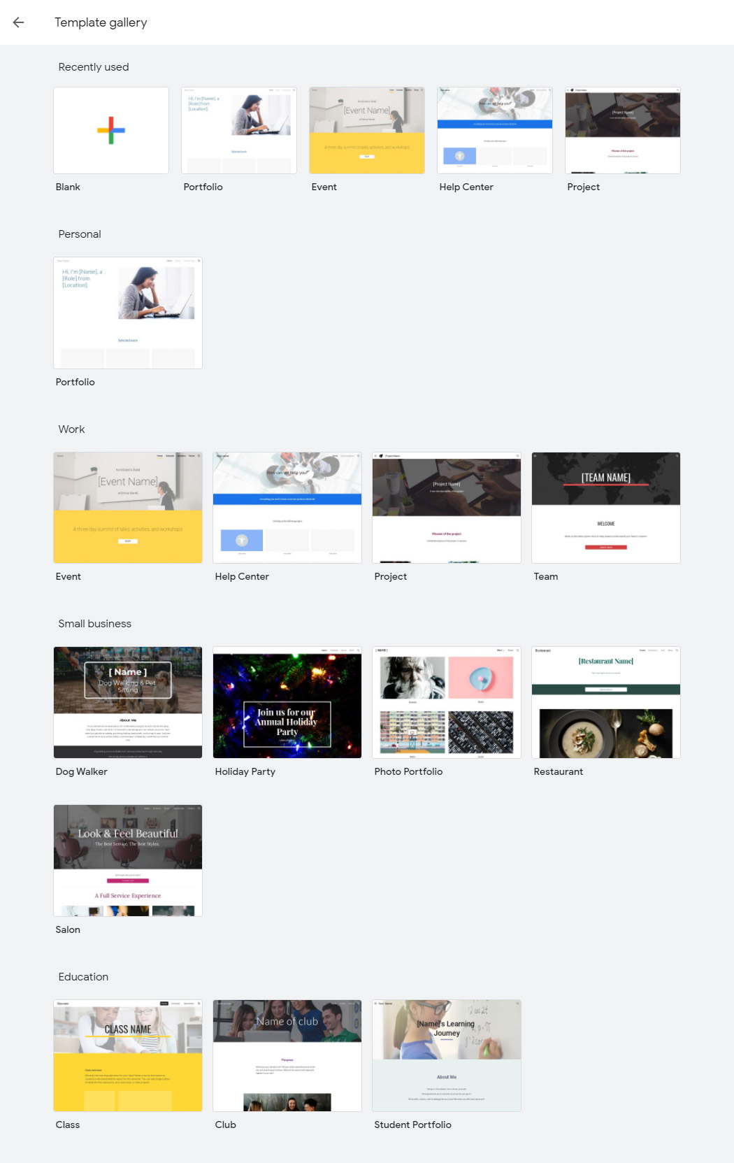 Galleria di modelli di Google Sites