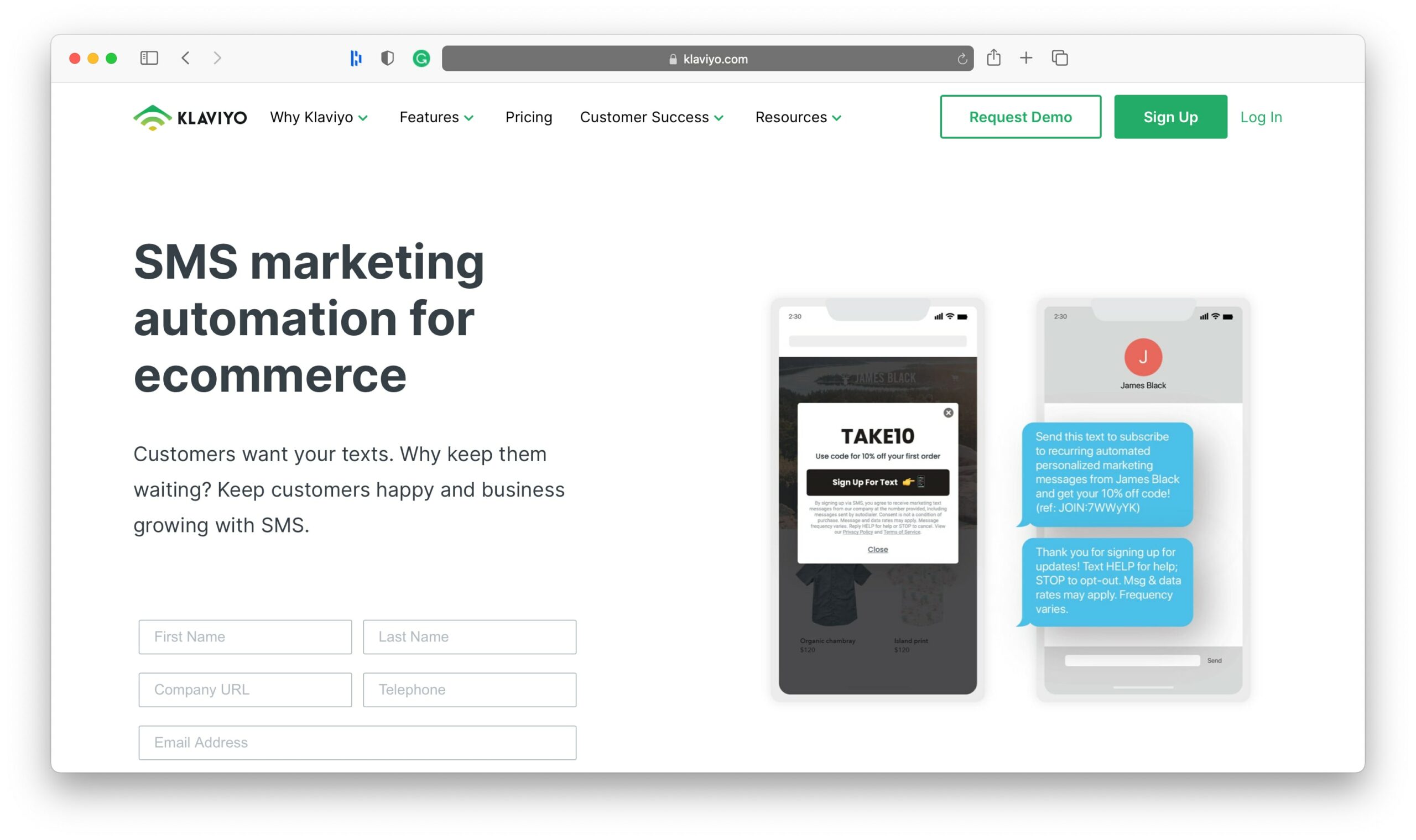 Инструменты SMS-маркетинга Klaviyo