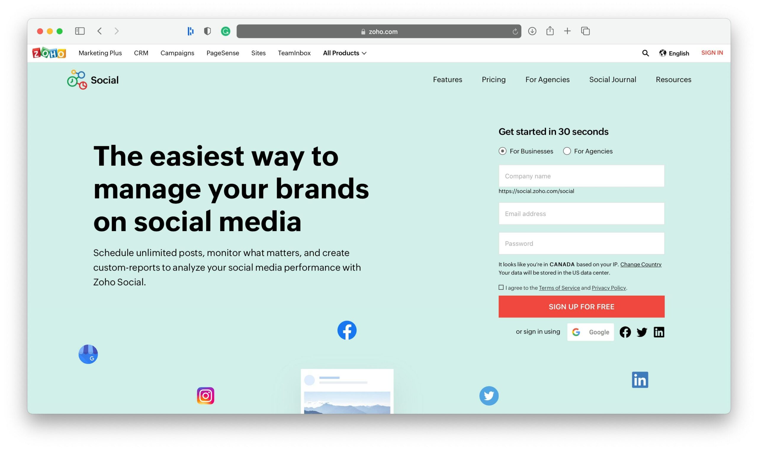 Instrumentul de postare în rețelele sociale Zoho
