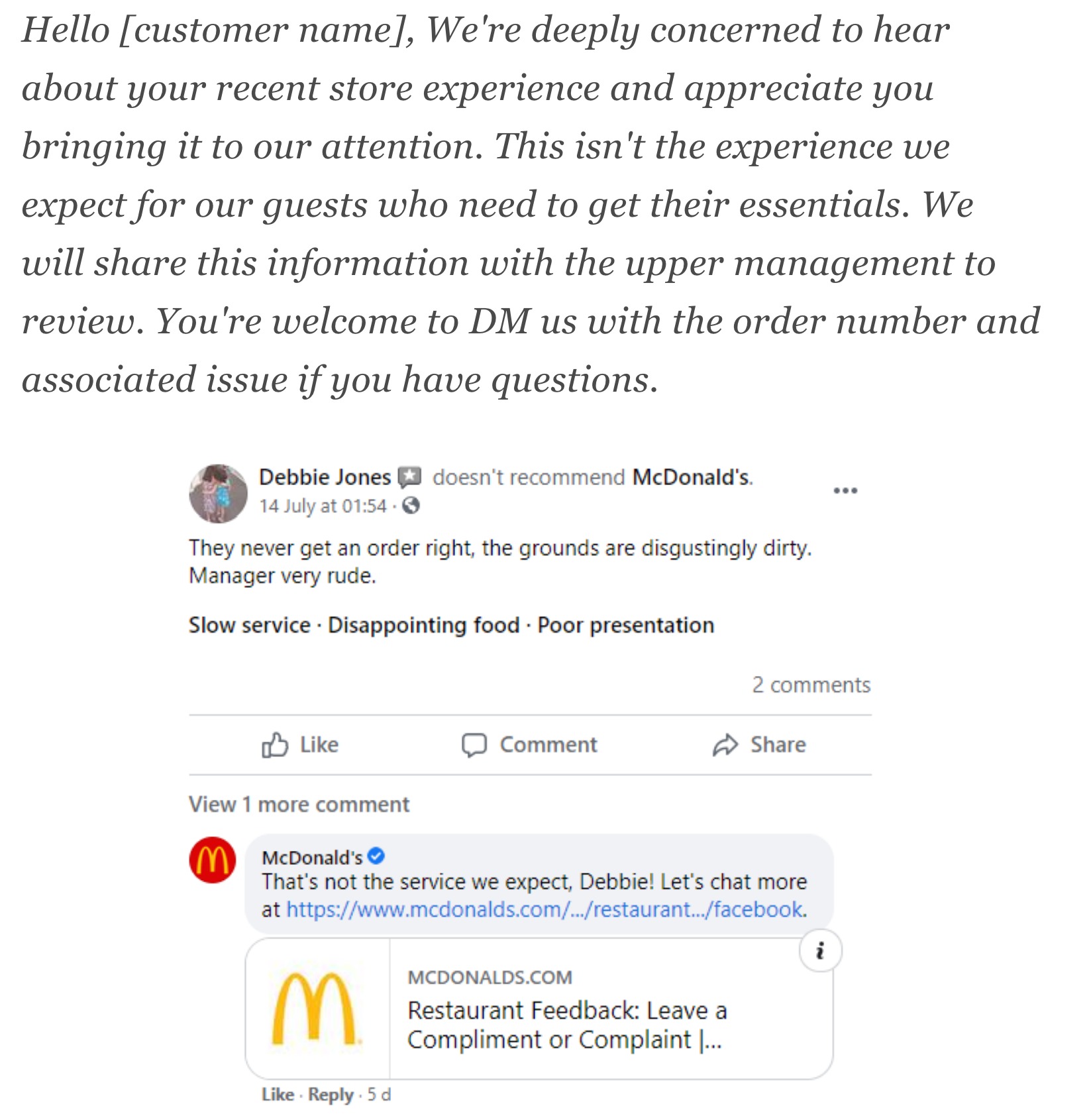 Fuente: https://statusbrew.com/insights/customer-service-scripts/ y https://www.facebook.com/McDonalds/