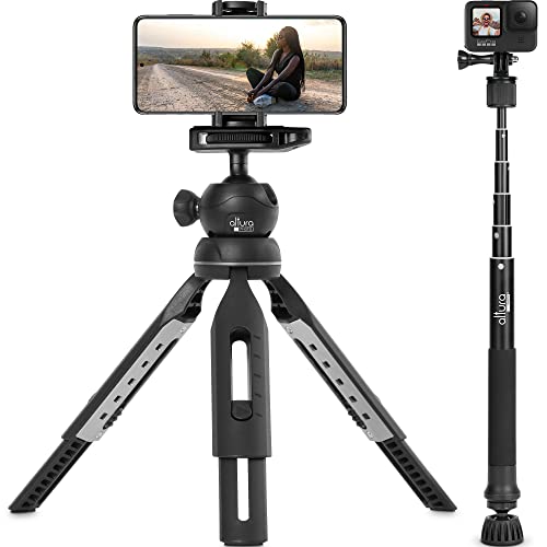 Dudukan Tripod Telepon Foto Altura, Tripod untuk iPhone & Kamera – Monopod 55” untuk Kamera, Tripod Vlogging, Tripod GoPro, Tripod Ponsel, dengan Kepala Bola 360 dan Tas Gantung