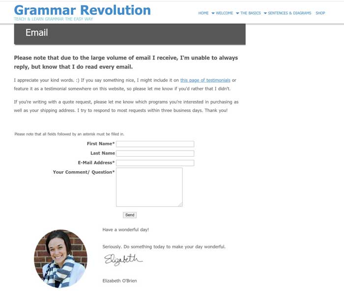 Pendekatan pribadi Elizabeth dengan memperkenalkan formulir Kontaknya pasti akan terhubung dengan pengunjungnya.