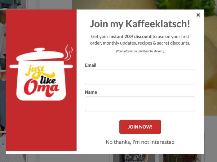 Versi Exit Intent Modal menawarkan diskon instan 20% dari pesanan pertama.