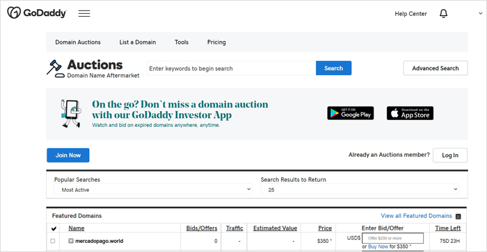 Subasta de dominios de GoDaddy