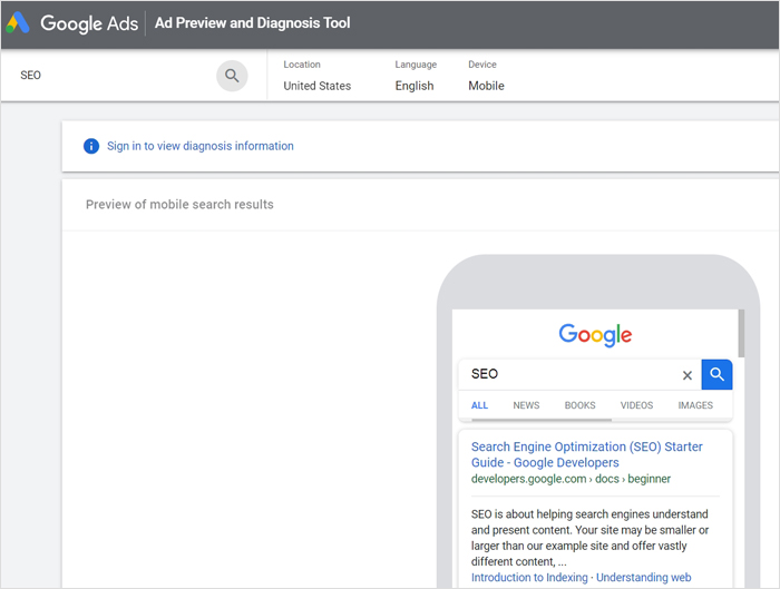 Herramienta de vista previa de anuncios de Google