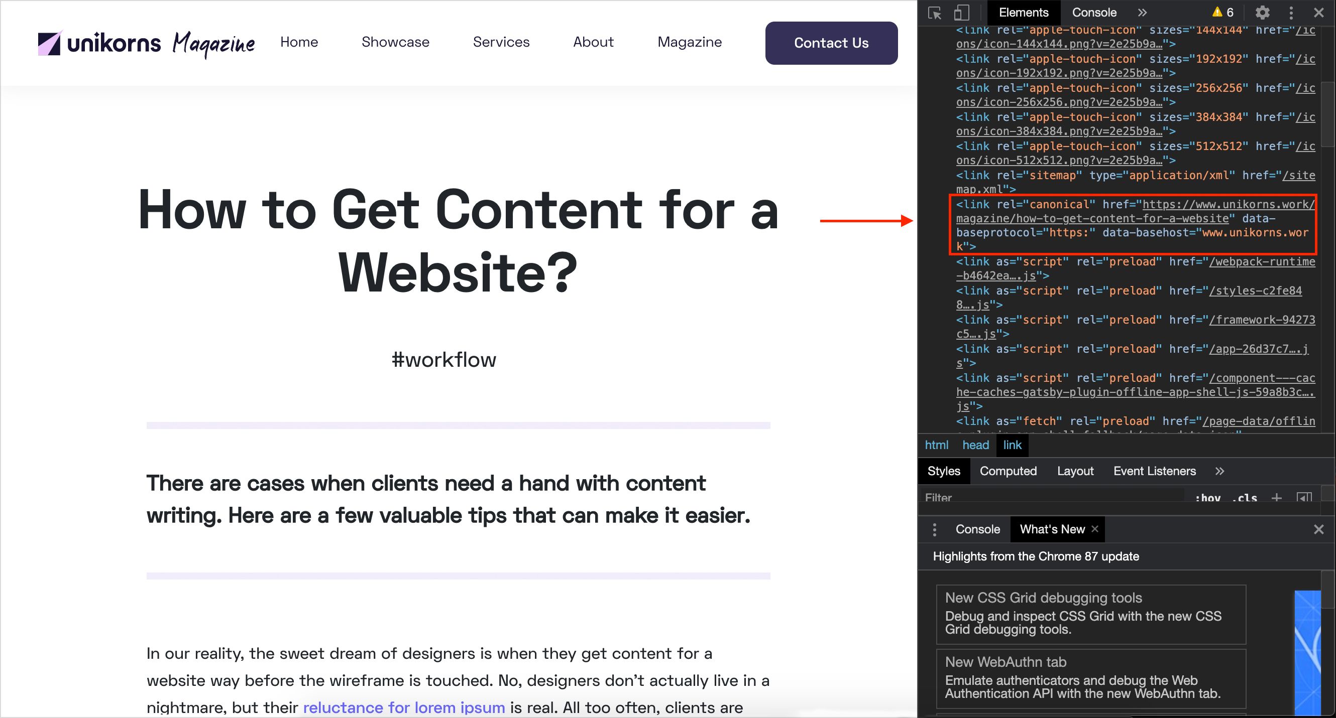 ภาพหน้าจอที่แสดงลิงก์มาตรฐาน HTML วิธีรับเนื้อหาสำหรับเว็บไซต์