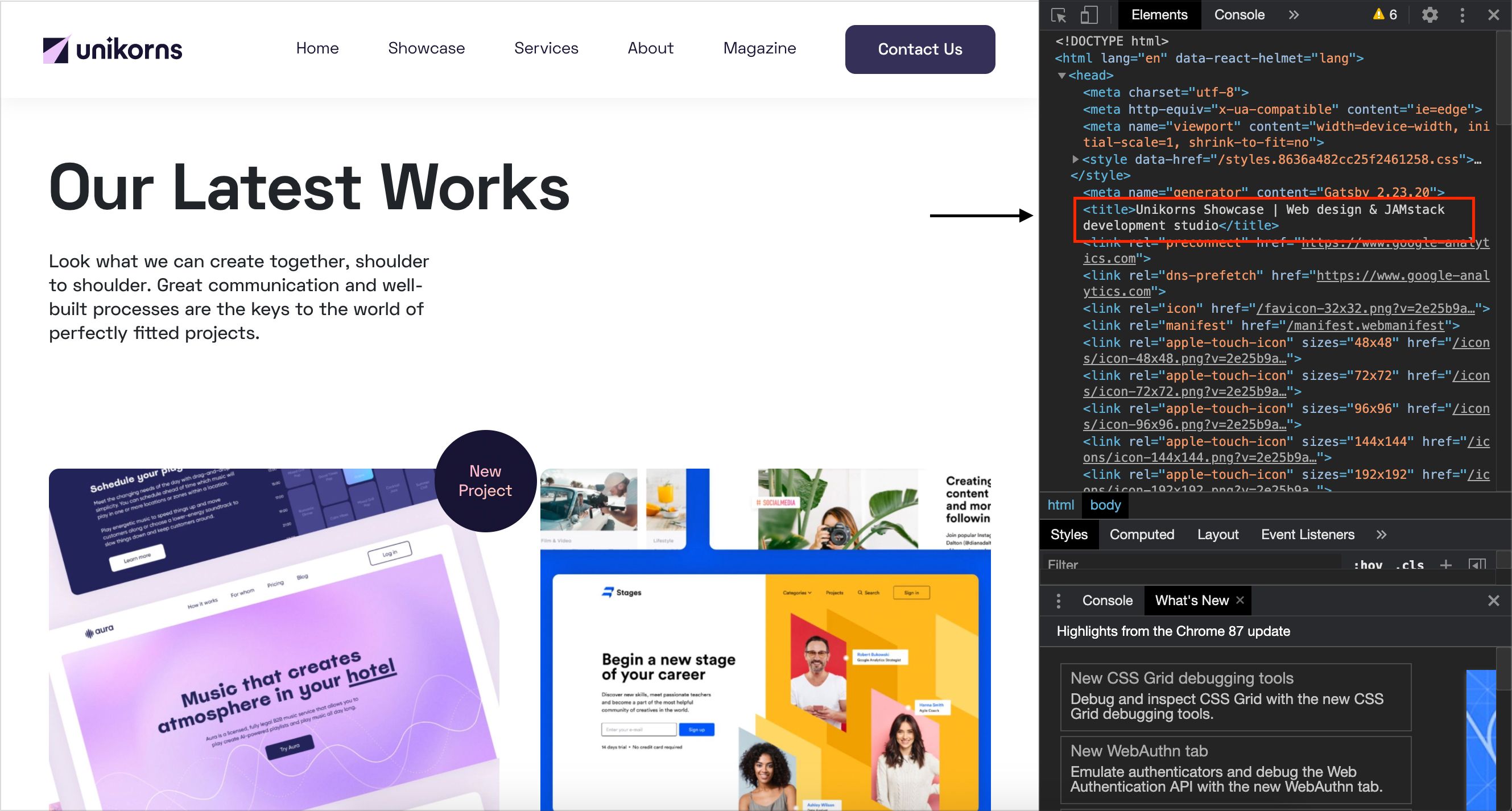 ภาพหน้าจอที่แสดงชื่อเรื่อง HTML Showcase