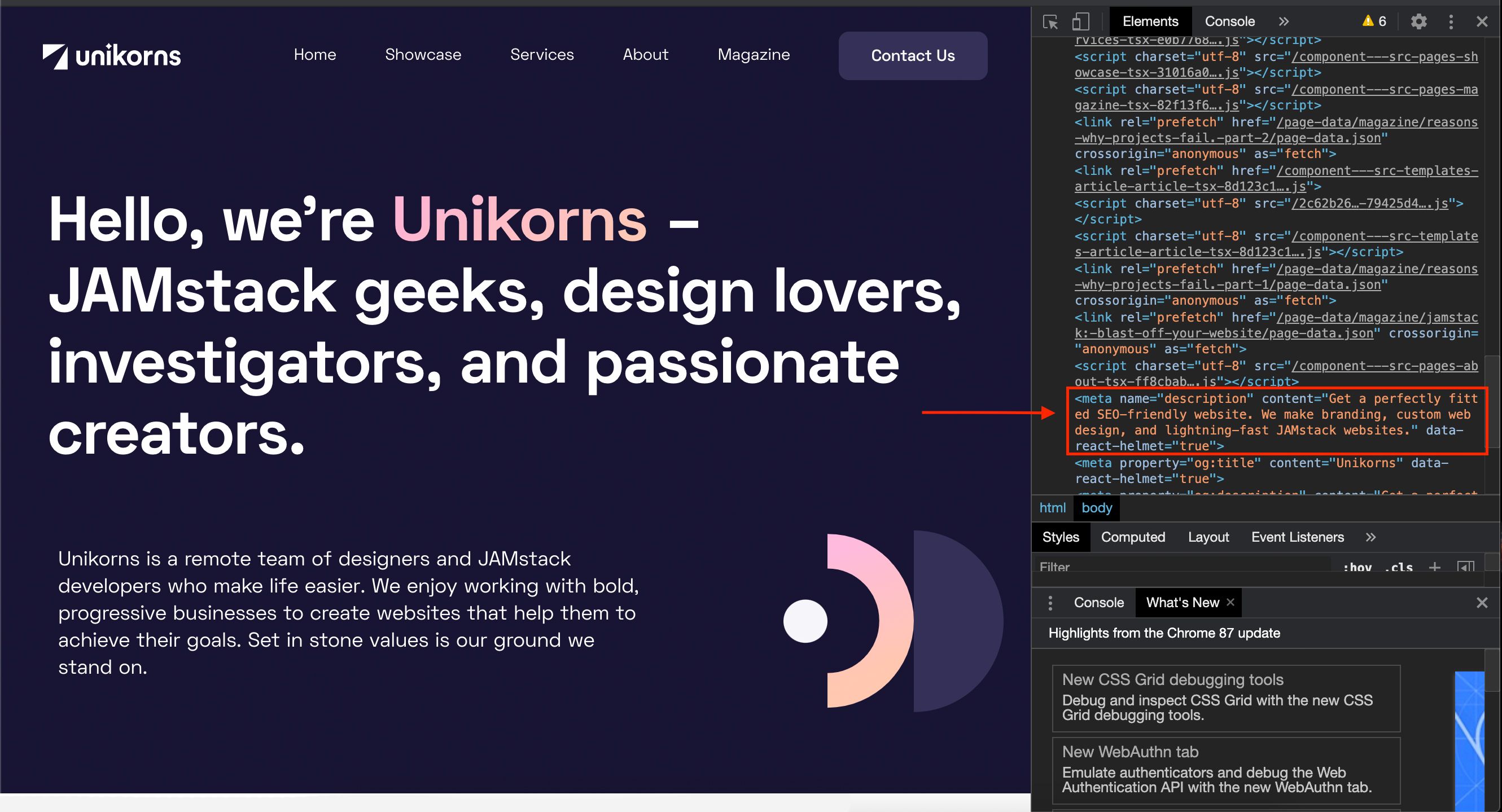 ภาพหน้าจอที่แสดงคำอธิบายเมตาของหน้าแรกของ Unikors
