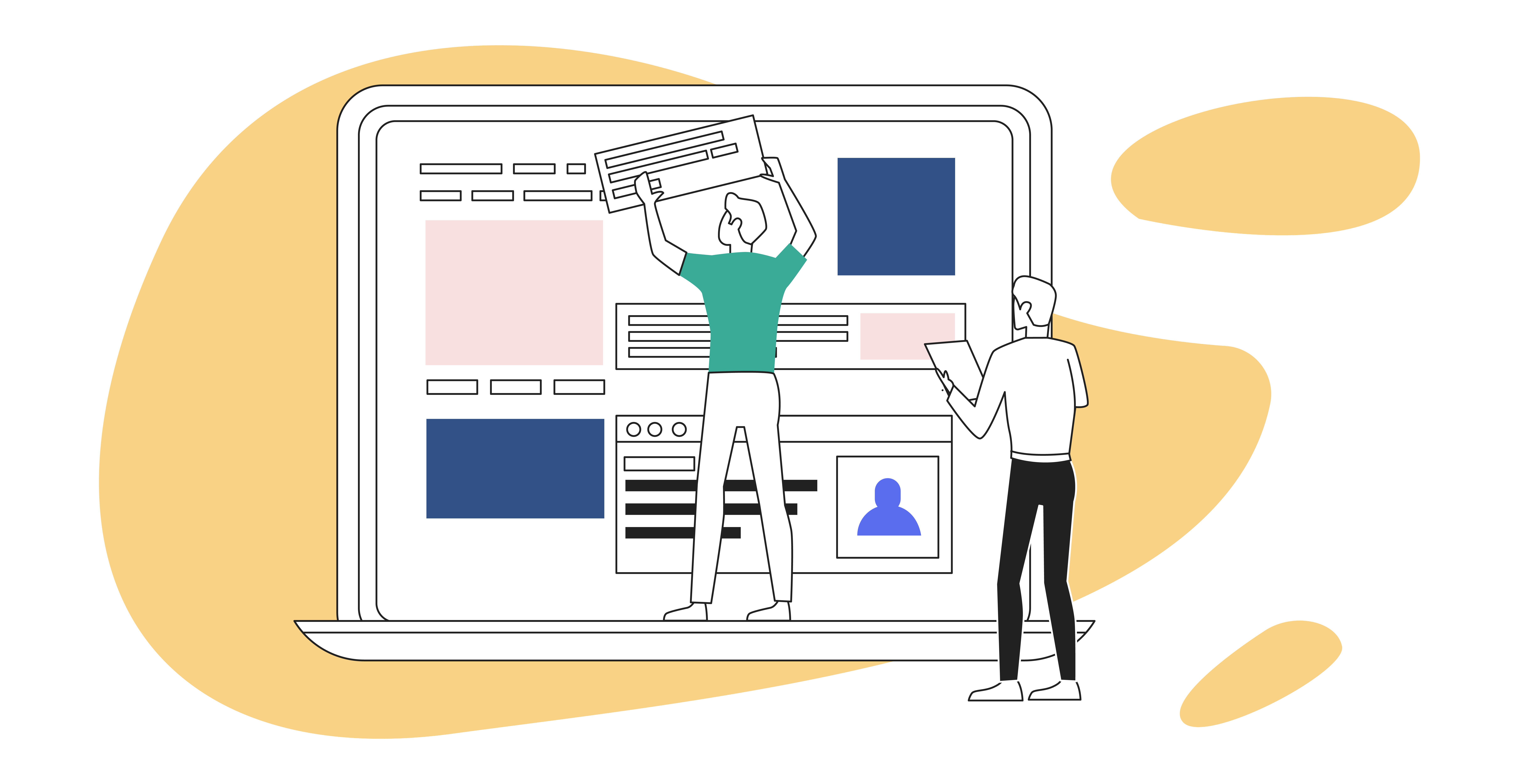 Artikulierendes Diagramm von zwei Männern, die eine Website auf einem Laptop-Bildschirm zusammensetzen