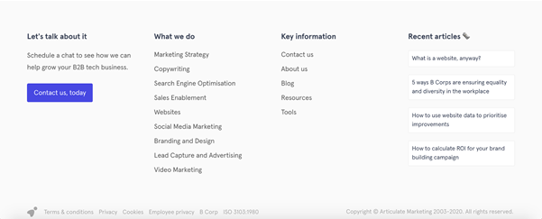 Screenshot der Fußzeile der Website von Articulate Marketing