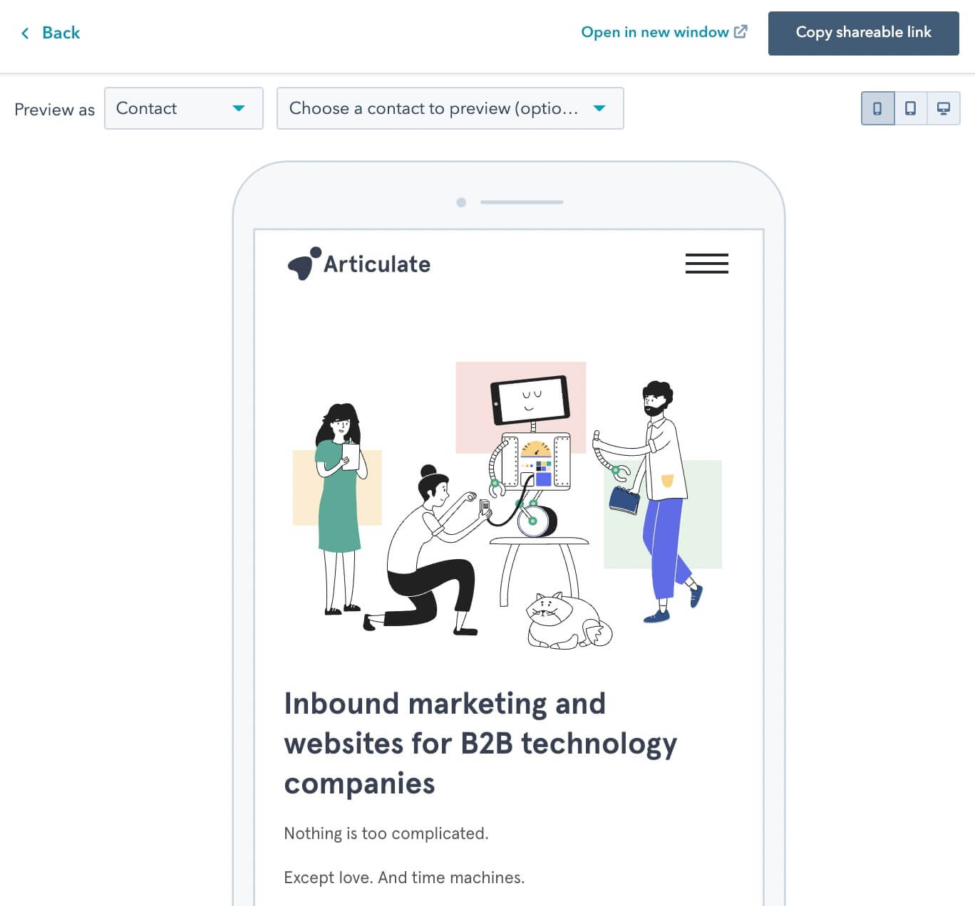 HubSpot su WordPress screenshot di una pagina nella pagina di anteprima mobile di HubSpot