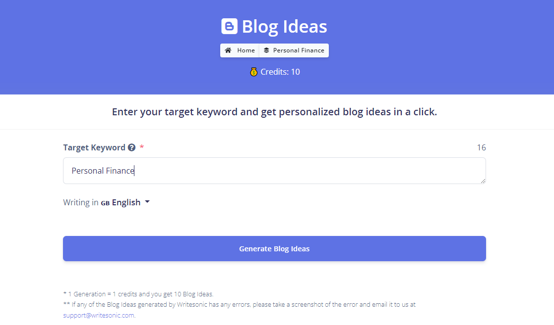 writesonic - generare de idei de blog