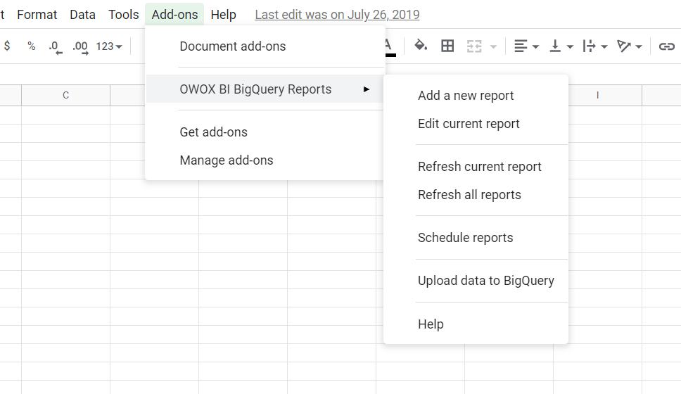 أضف تقريرًا جديدًا أو تحميل البيانات إلى BigQuery من القائمة المنسدلة