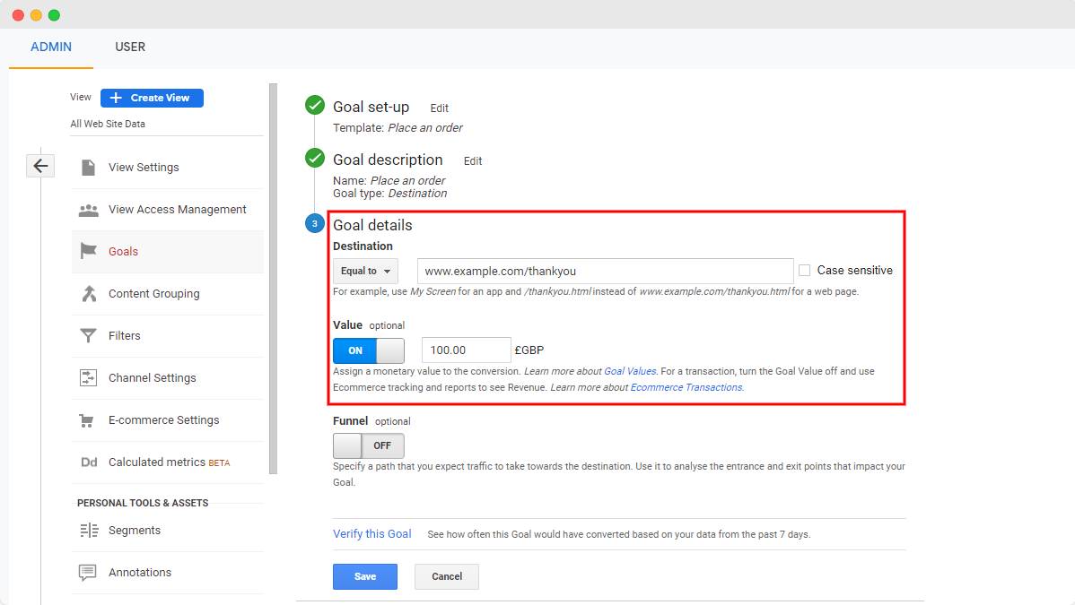Umsatzziel von Google Analytics – Schritt 4 – www.ruleranalytics.com