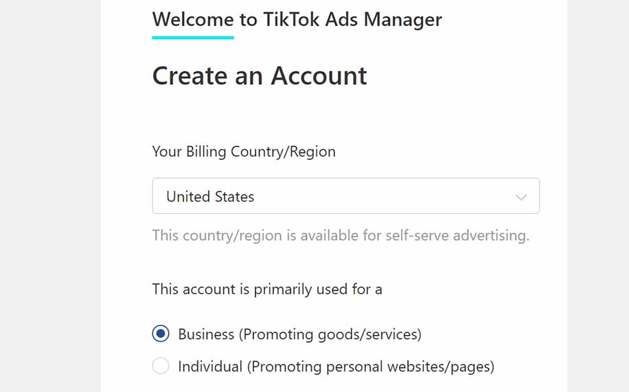 home page per la creazione di un account pubblicitario tiktok