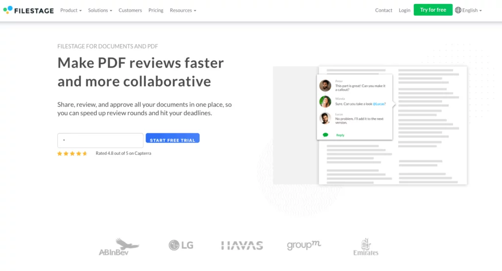 Anotación en PDF del sitio web de Filestage