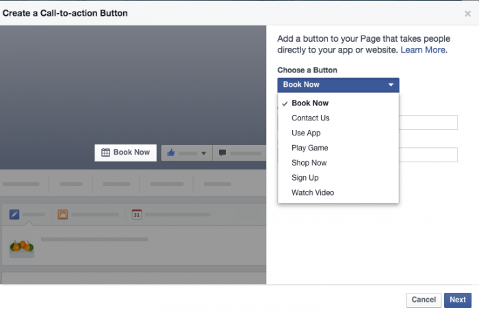 Options du bouton d'appel à l'action de Facebook. Source d'images.