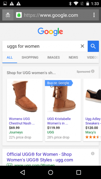 Captura de pantalla de Uggs que se venden en Compras en Google