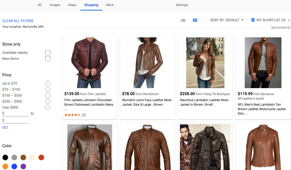 Screenshot der Suche nach brauner Lederjacke