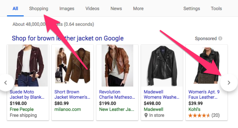 Screenshot der Suche nach brauner Lederjacke