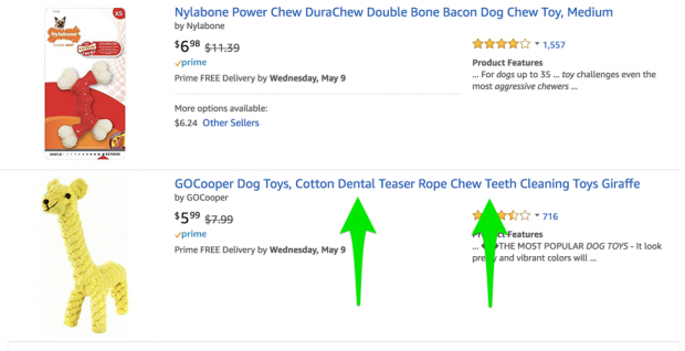 Ejemplos de palabras clave en los resultados de productos de Amazon