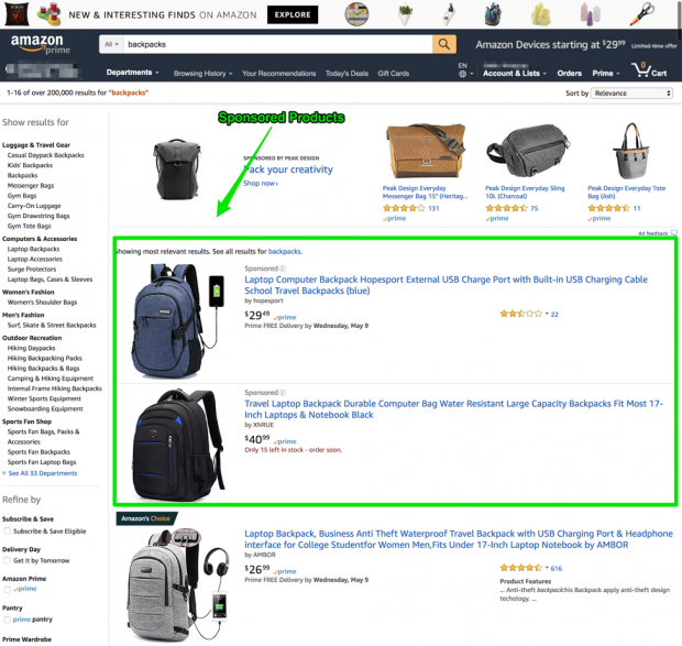 Captura de pantalla de los productos patrocinados por Amazon
